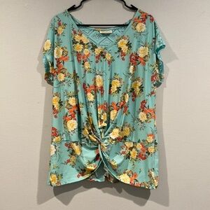 Bobbie Brooks Plus Size Blue Floral Twist Top with Lace on Back - Size 1X